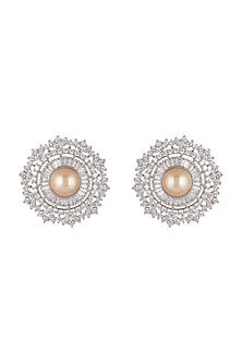 White Finish Diamond & Pearl Stud Earrings