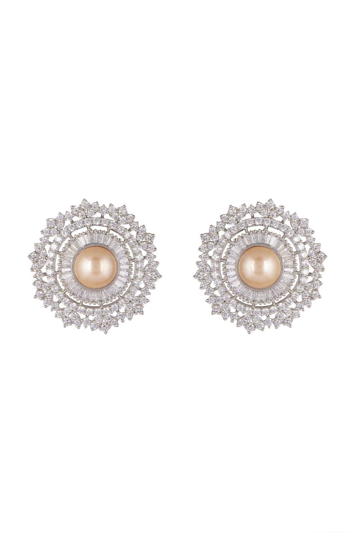 White Finish Diamond & Pearl Stud Earrings