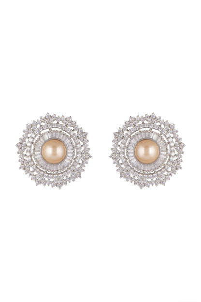 White Finish Diamond & Pearl Stud Earrings