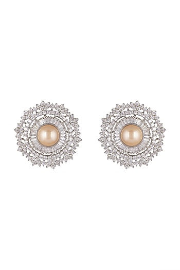 White Finish Diamond & Pearl Stud Earrings