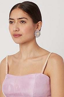White Finish Diamond & Pearl Stud Earrings