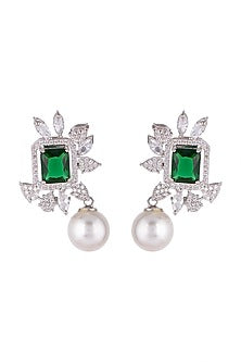White Finish Green Stone Earrings