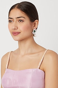 White Finish Green Stone Earrings