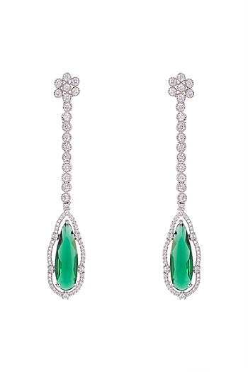 White Finish Green Stone Long Earrings
