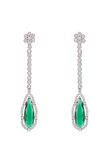 White Finish Green Stone Long Earrings