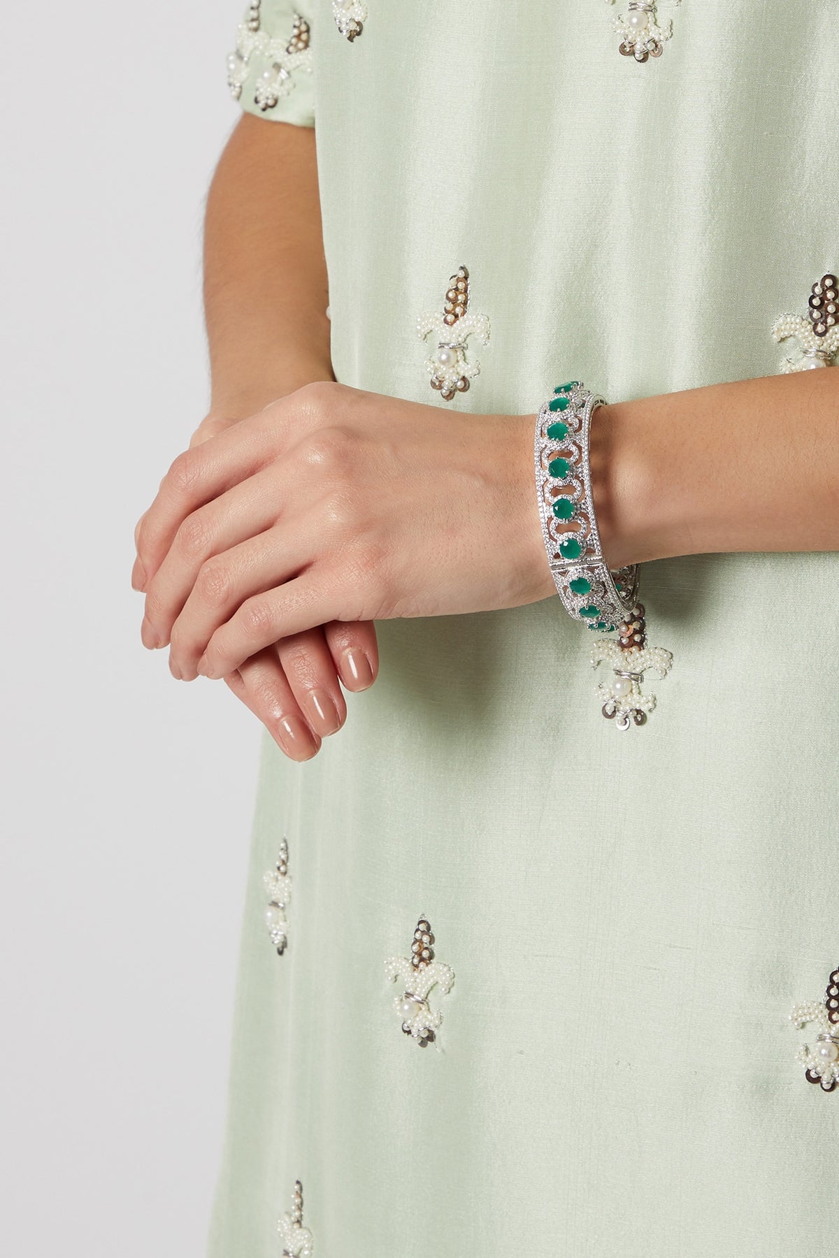 White Finish Green Stone Bangle