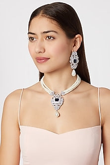 White Finish Pearl & Diamond Necklace Set