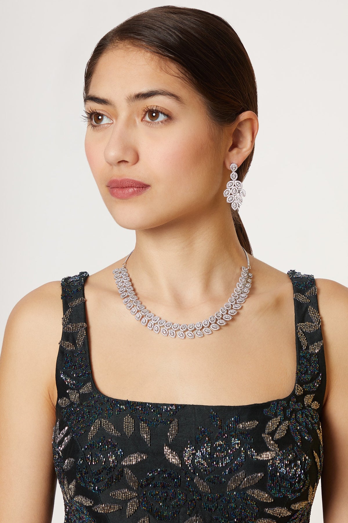 White Finish Diamond Necklace Set