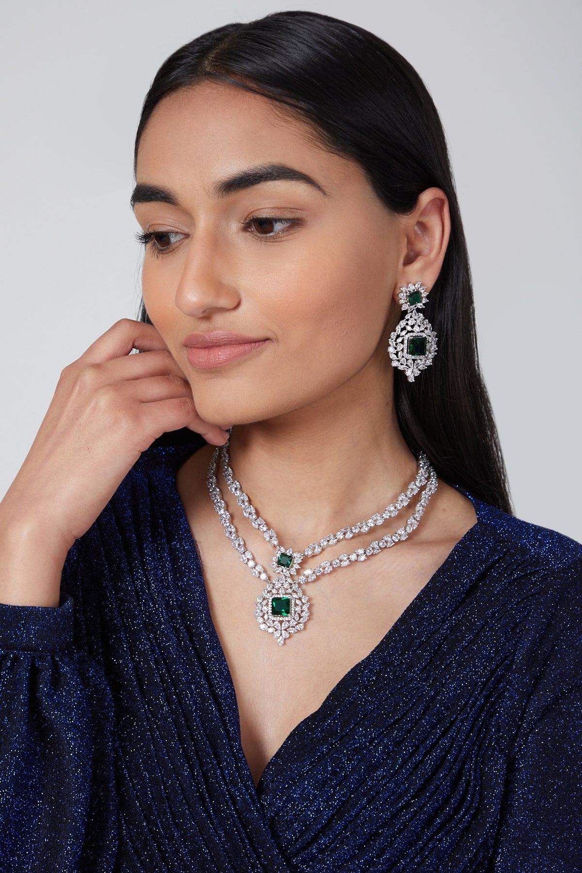 Silver Finish Green Zircon Necklace Set