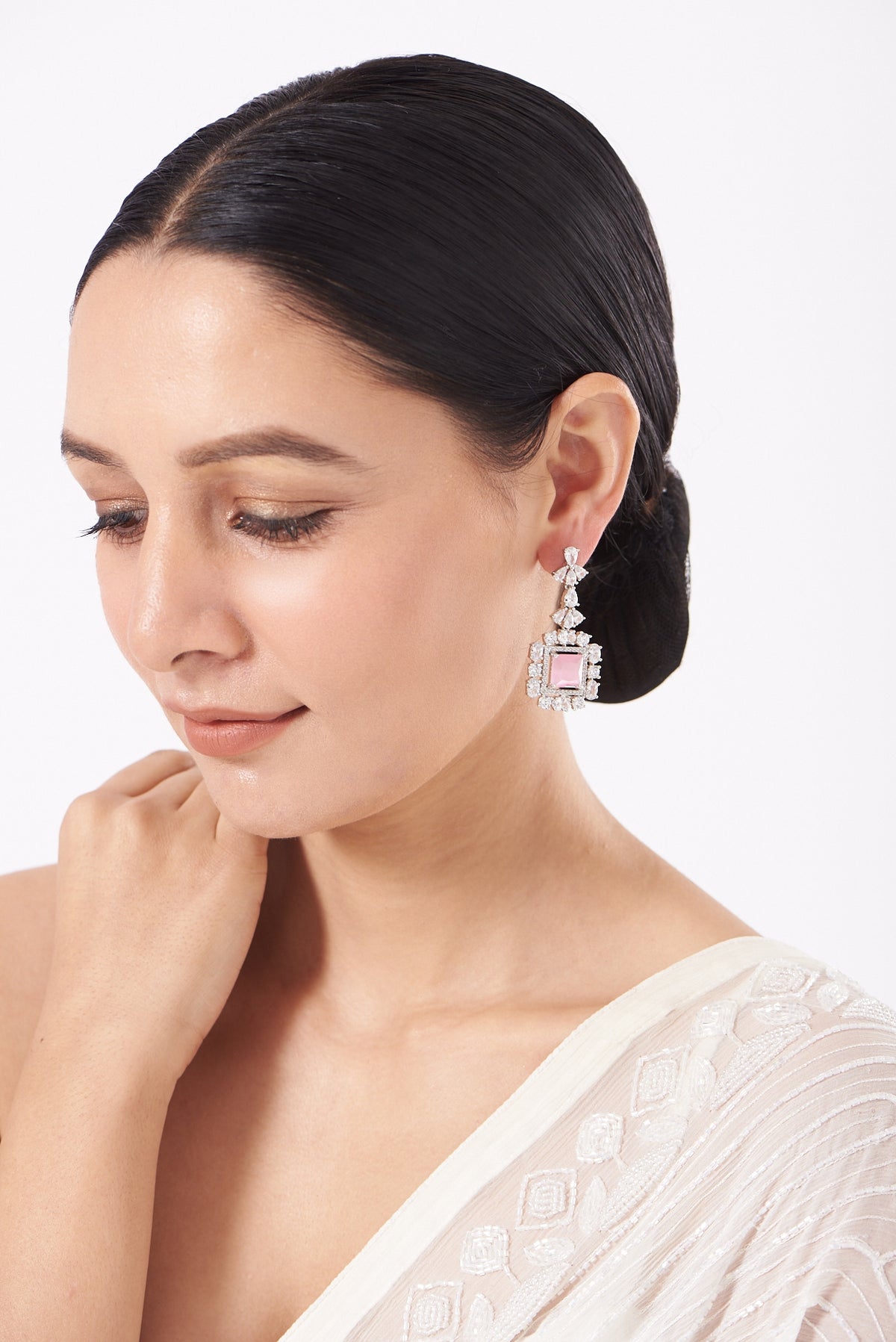 White Finish Faux Diamonds Earrings