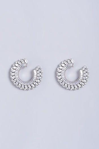 White Finish Stud Earrings With Faux Diamonds
