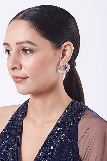 White Finish Stud Earrings With Faux Diamonds