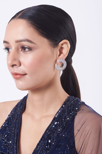 White Finish Stud Earrings With Faux Diamonds