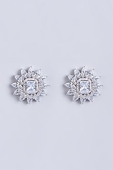 White Finish Faux Diamonds Stud Earrings In Mixed Metal