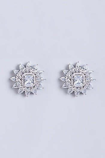 White Finish Faux Diamonds Stud Earrings In Mixed Metal