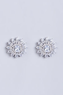 White Finish Faux Diamonds Stud Earrings In Mixed Metal