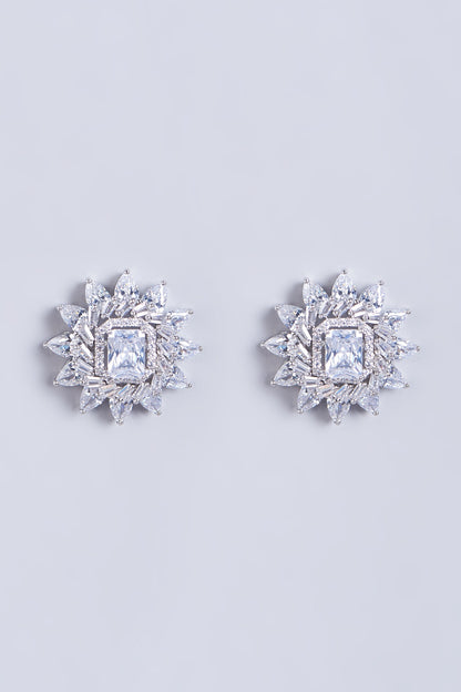 White Finish Faux Diamonds Stud Earrings In Mixed Metal