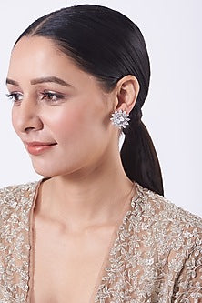 White Finish Faux Diamonds Stud Earrings In Mixed Metal