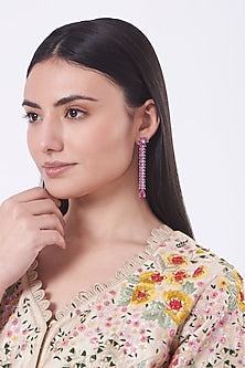 White Finish Red Faux Diamonds Dangler Earrings