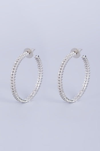 White Finish Faux Diamonds Hoop Earrings