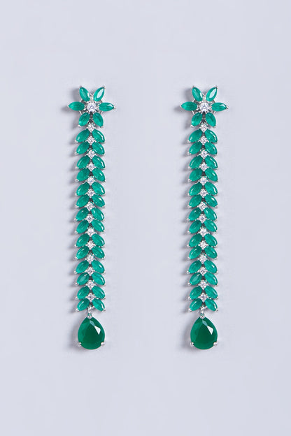 White Finish Green Faux Diamonds Dangler Earrings