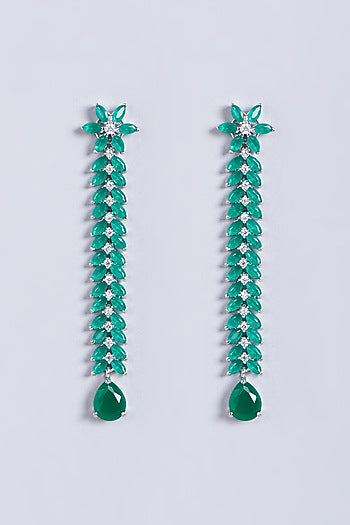 White Finish Green Faux Diamonds Dangler Earrings