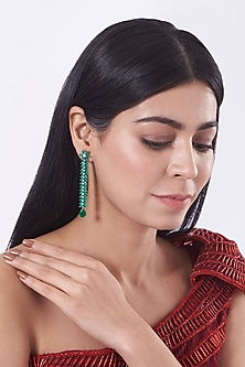 White Finish Green Faux Diamonds Dangler Earrings