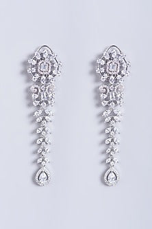 White Finish Faux Diamonds Long Dangler Earrings