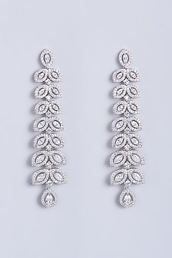 White Finish Faux Diamond Long Dangler Earrings