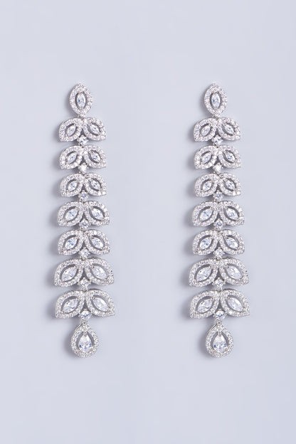 White Finish Faux Diamond Long Dangler Earrings