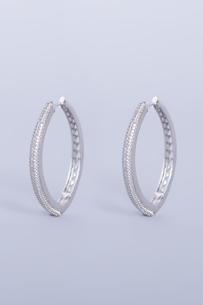 White Finish Faux Diamonds Hoop Earring In Mixed Metal