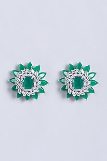 White Finish Green Stones Stud Earrings