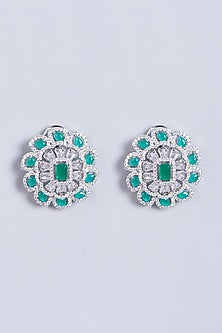 White Finish Green Stones & Zircons Stud Earrings