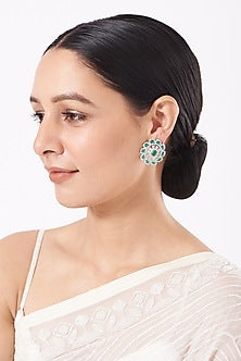 White Finish Green Stones & Zircons Stud Earrings