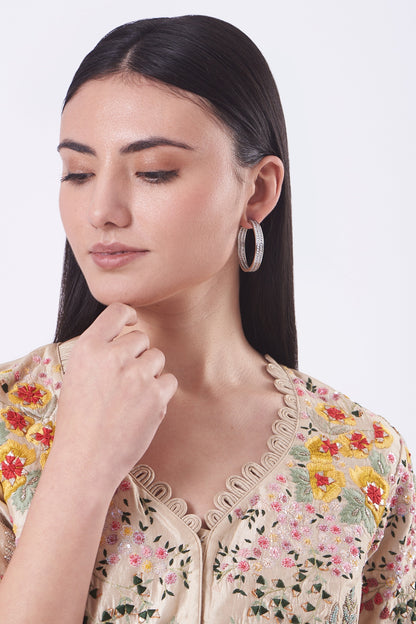 White Finish White Faux Diamonds Hoop Earring