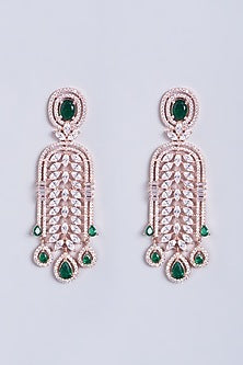 Rose Gold Finish Zircons & Green Stone Dangler Earrings