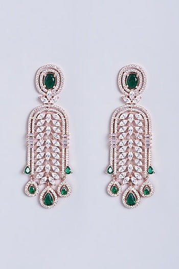 Rose Gold Finish Zircons & Green Stone Dangler Earrings
