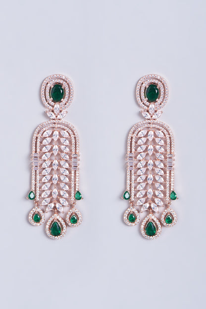 Rose Gold Finish Zircons & Green Stone Dangler Earrings