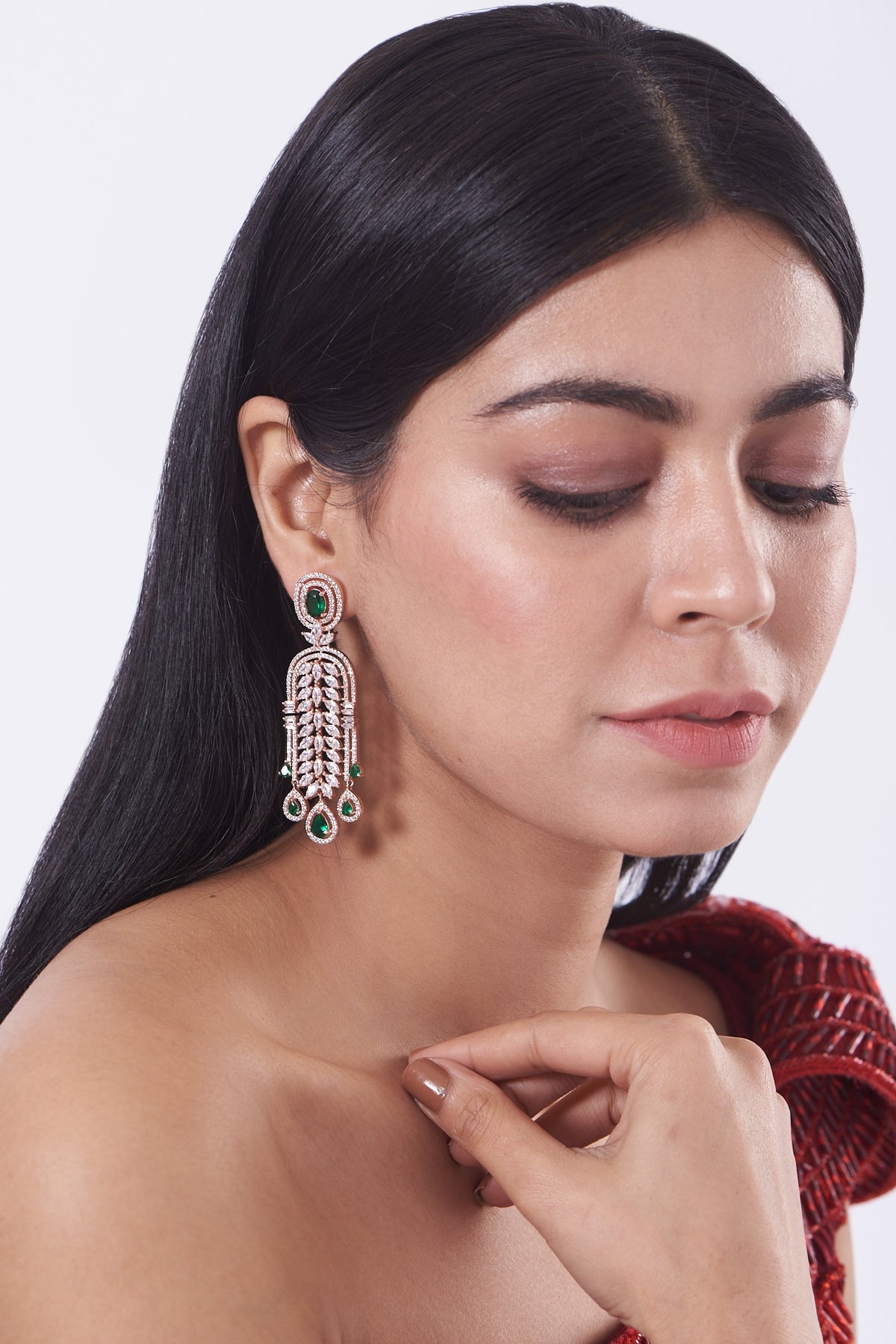 Rose Gold Finish Zircons & Green Stone Dangler Earrings