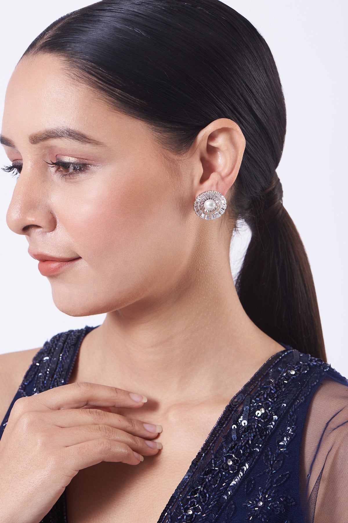 White Finish Zircon Stud Earrings