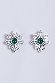 White Finish Green Synthetic Stones Earrings
