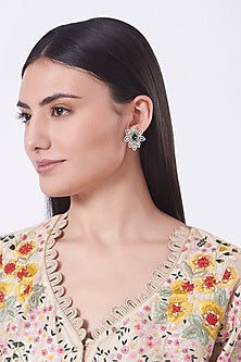 White Finish Green Synthetic Stones Earrings