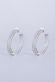 White Finish Mixed Metal Hoop Earrings With Faux Diamonds