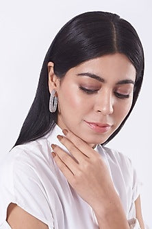 White Finish Mixed Metal Hoop Earrings With Faux Diamonds