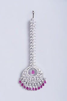 White Finish Faux Diamond & Red Stone Maang Tikka