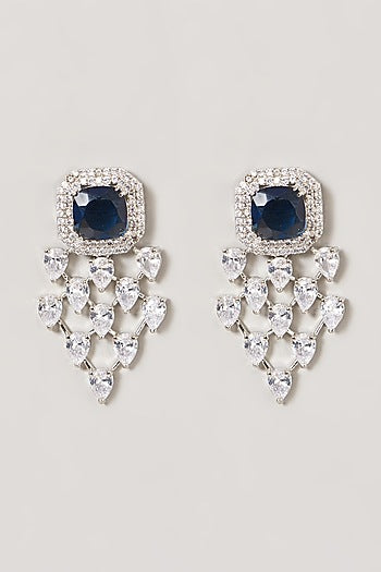 White Finish Blue Stone Dangler Earrings