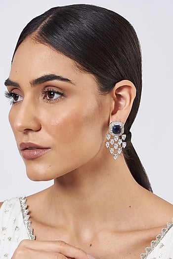 White Finish Blue Stone Dangler Earrings