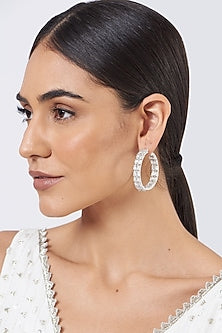 White Finish Faux Diamonds Hoop Earrings
