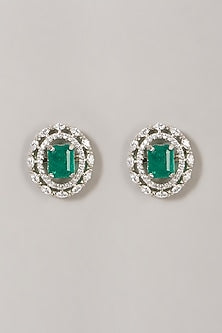 White Finish Zircon  & Green Stone Stud Earrings