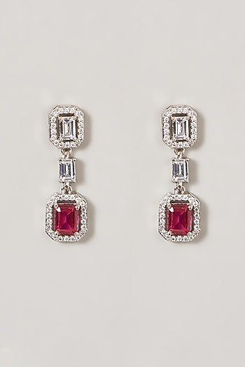 White Finish Zircon & Red Stone Dangler Earrings